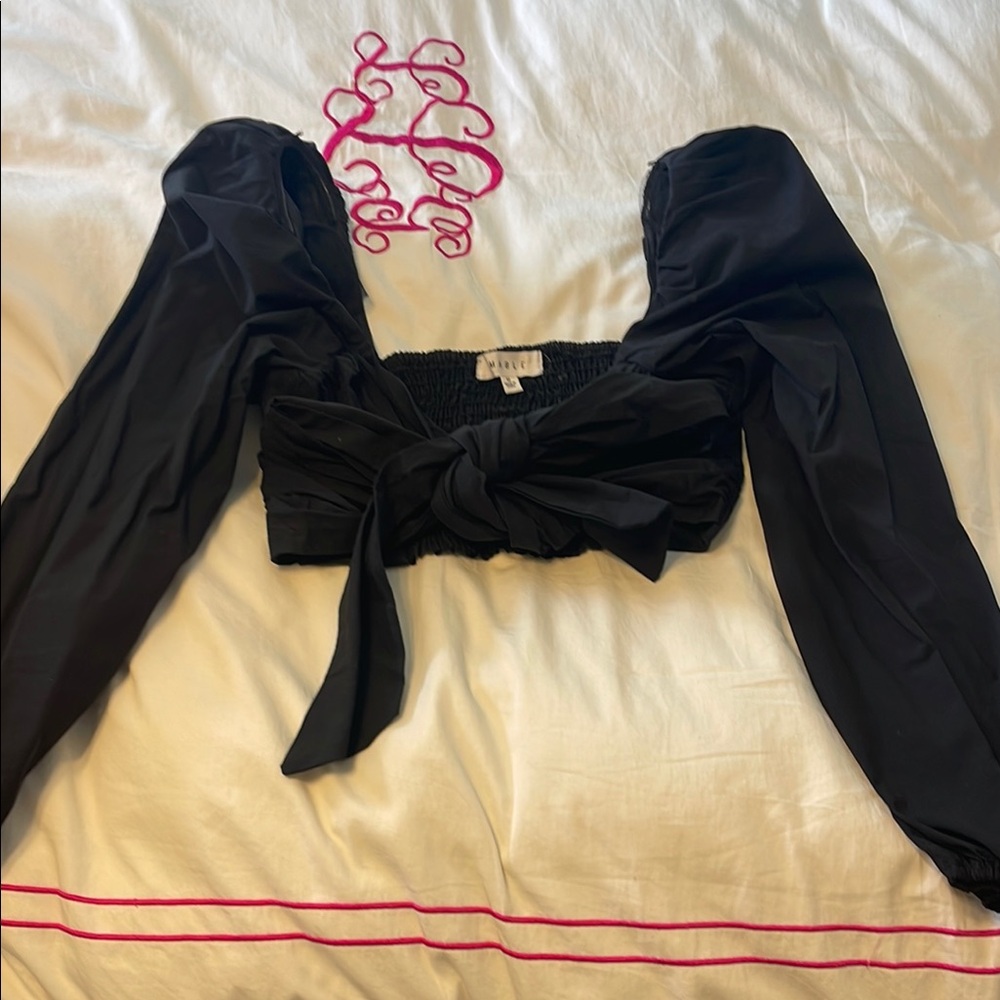 Puffy Sleeve Tie Front Black Women's Top